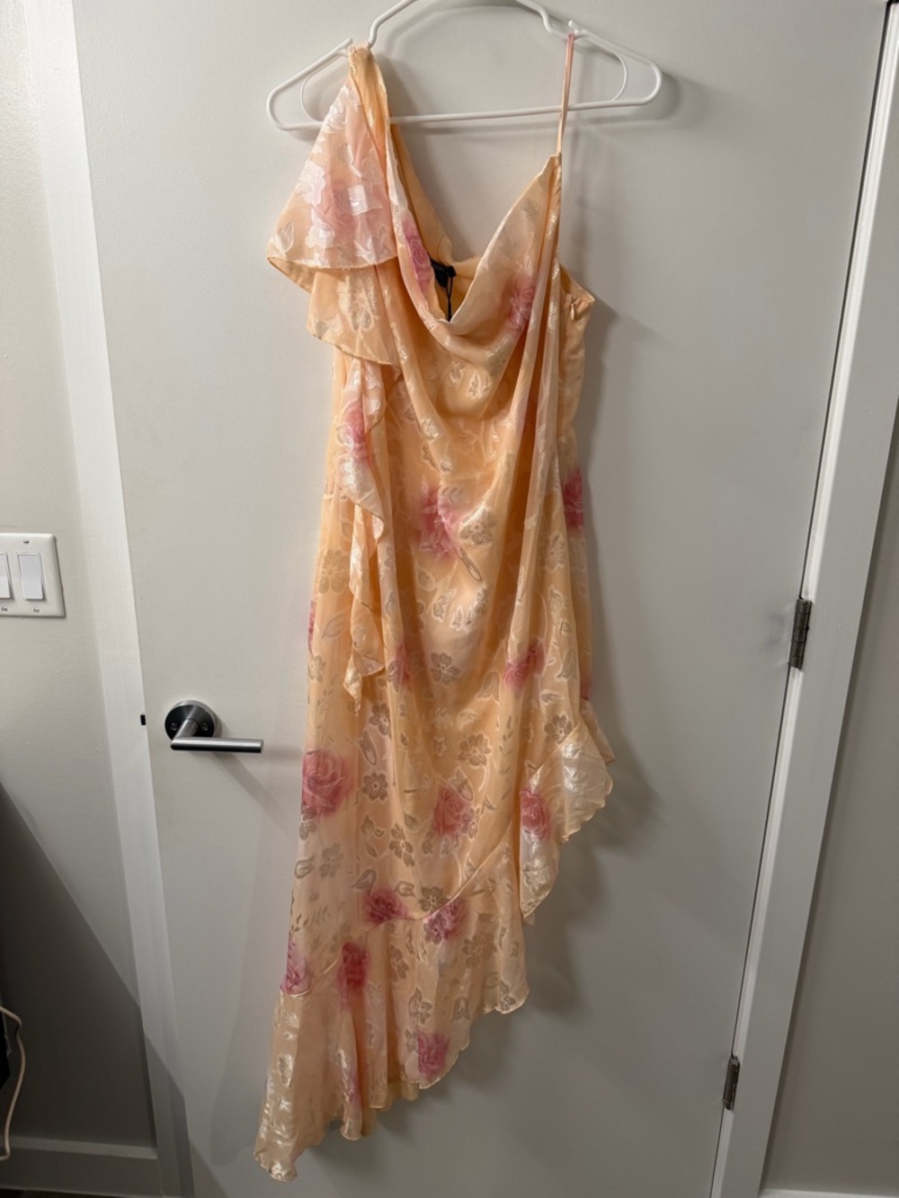 Boohoo Peach Floral Asymmetrical Slip Dress with Ruffle